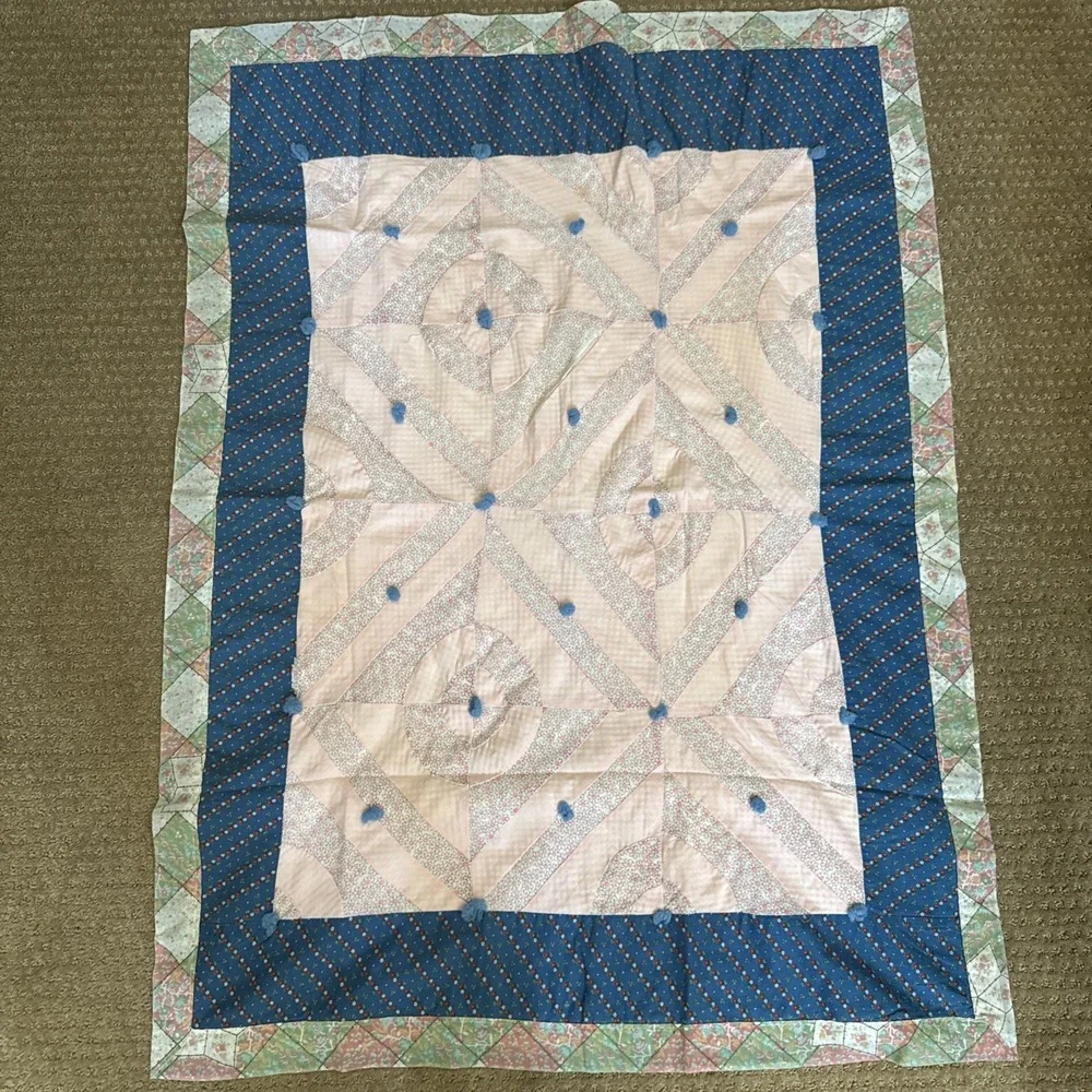 Vintage Handmade Patchwork Quilt Blue Pink Floral Calico Tied Baby Blanket 35x48